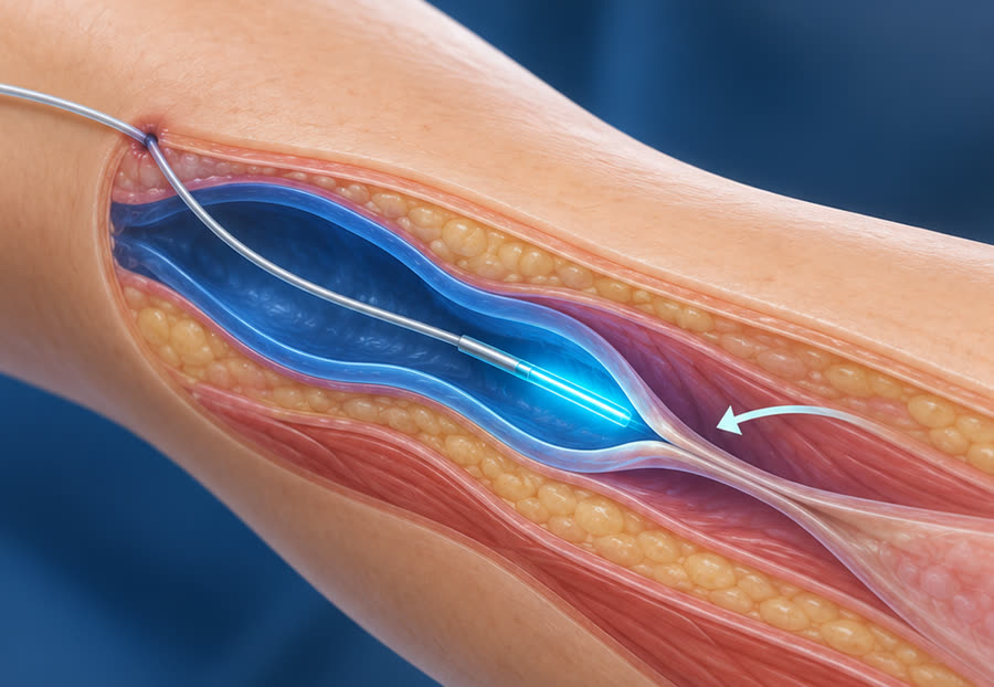 Ilustração da fibra de laser tratando a veia por dentro